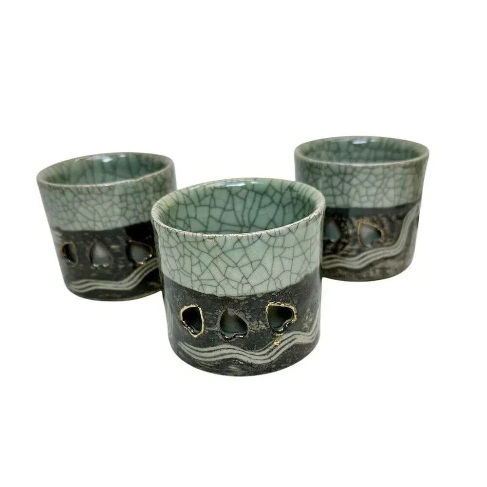 1940s Vintage Otagiri Soma Ware Somayaki Mid-Century Japanese 3 Tea Cups